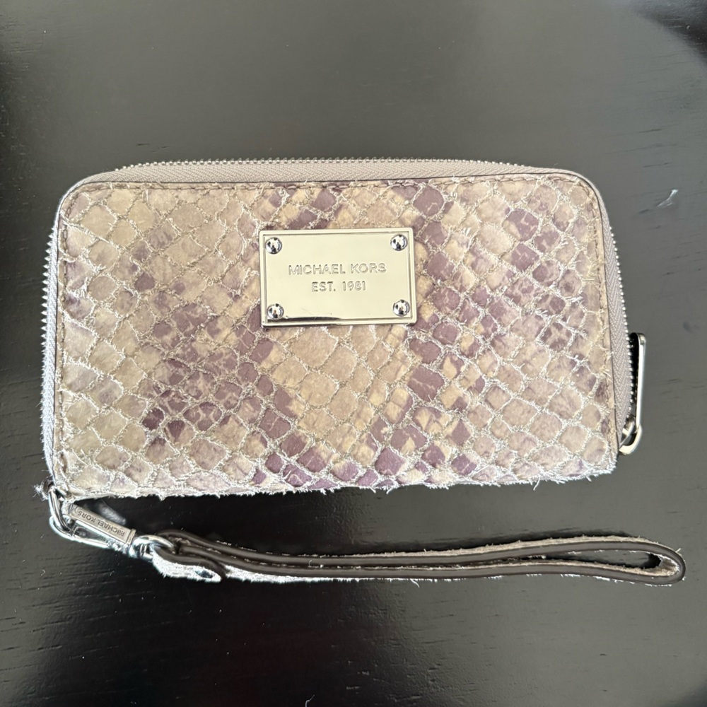 Michael Kors Metallic Silver and Lavender Snake-Embossed Wristlet